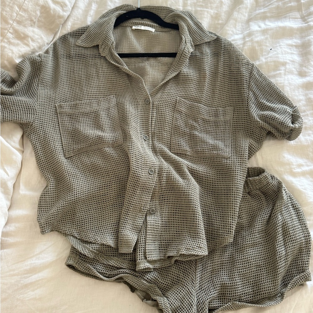 Pull&Bear Green Waffle Knit Shirt and Shorts Set